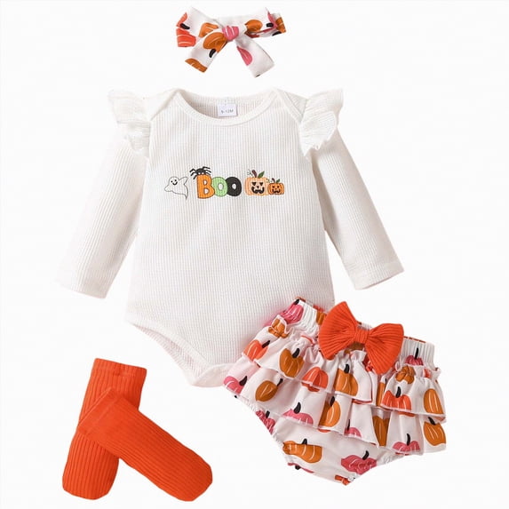 REgarm Baby Girl Halloween Outfit Long Sleeve Romper+Bloomers Tutu Skirt+Socks+Headband 4Pcs Halloween Clothes for Baby Girl,12-18 Months