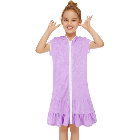 REgarm Swim Cover Up Girls Swimsuit Coverup Terry Hooded Zip-Up Bathing Suit for Toddler Kids Beach Pool Clothes Purple,4-5 Years