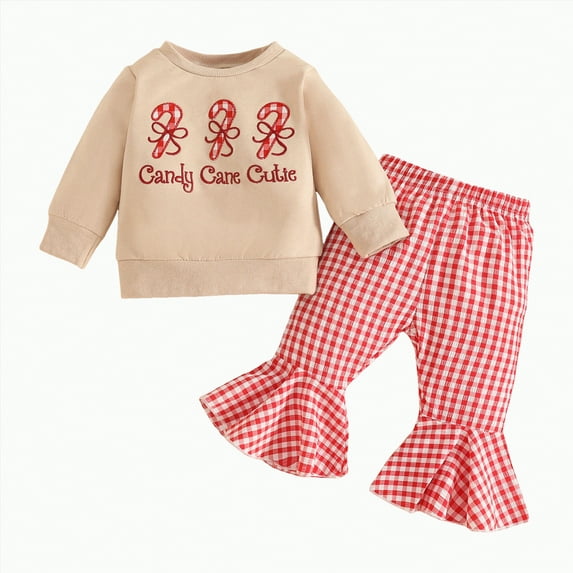 REgarm Todddler Newborn Baby Christmas Outfit Boy Girl Fall Winter Clothes Embroidery Shirt Top Elastic Waist Plaid Pants Set Trendy 2 Piece Outfit,12-18 Months