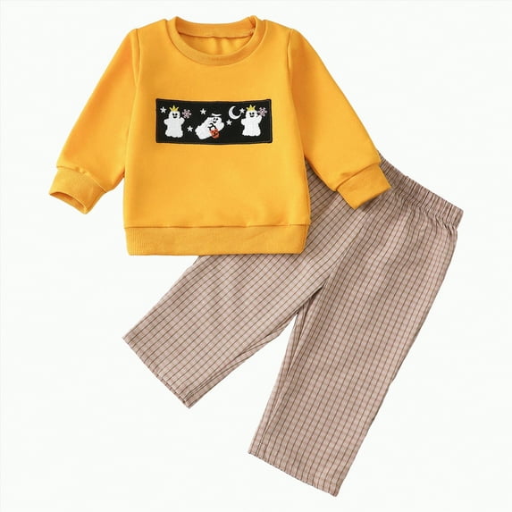 REgarm Toddler Baby Boy Girl Halloween Outfit Fall Winter Clothes Embroidery Shirt Top Elastic Waist Plaid Pants Set Trendy 2 Piece Outfit,18-24 Months