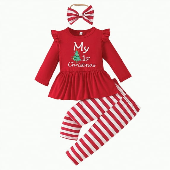 REgarm Toddler Baby Christmas Outfit Girl Ruffle Long Sleeve Top Stripe Print Pants Headband Christmas Clothes Set 9-12 Months,Red