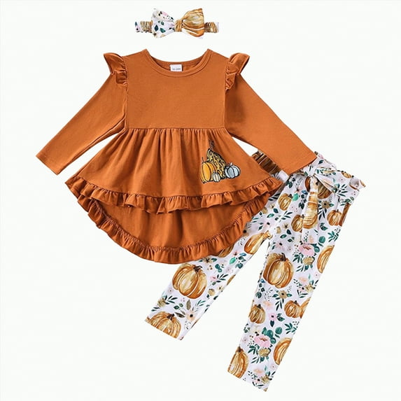 REgarm Toddler Baby Girl Halloween Outfit Ruffle Sleeve Shirt Top and Pants Toddler Kids 3 Piece Set Fall Winter Clothes (Coffee,3-4 Years)