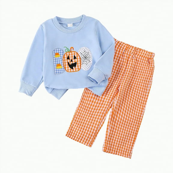 REgarm Toddler Baby Halloween Outfit Boy Girl Fall Winter Clothes Embroidery Shirt Top Elastic Waist Plaid Pants Set Trendy 2 Piece Outfit,2-3 Years