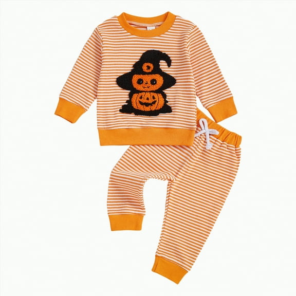 REgarm Toddler Baby Halloween Outfit Boy Girl Fall Winter Clothes Waffle Striped Pumpkin Sweatshirt Jogger Pant Set,18-24 Months