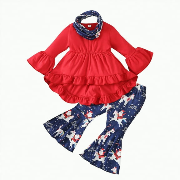 REgarm Toddler Christmas Outfit Girl Long Sleeve Shirt Dress Flared Pants Bell-Bottom Kids Toddler Fall Winter Outfit Set (Red,5-6 Years)