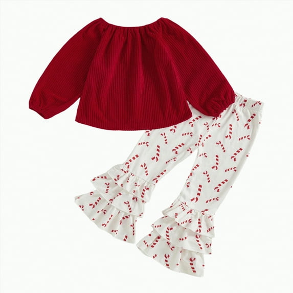 REgarm Toddler Girl Christmas Outfit Long Sleeve Shirt Dress Print Flared Pants Bell-Bottom Fall Winter Outfit Set (Red,5-6 Years)