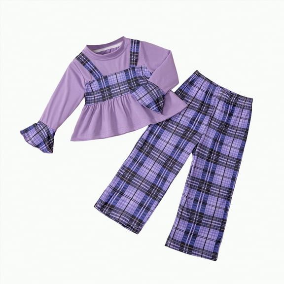 REgarm Toddler Girls Clothes Fall Winter Outfits Plaid Shirt Pants Little Girls' Clothing Set (Purple,6-7 Years)