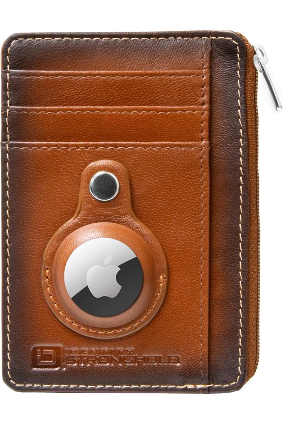 RF Blocking Front Pocket Wallet - Slim Minimalist Wallet with Zipper Pocket (Airtag Antiqued Brown)