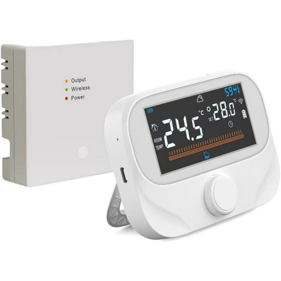 RF Boiler Thermostat, Wireless Programmable Room Temperature Controller with Rotary Adjustment and Weather Humidity Display, Fit for Tuya Smart App for Remote Heating Control and Home Automation