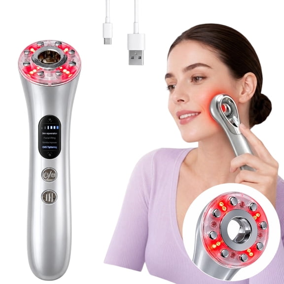 RF EMS Facial Massager with Red Light, 4-in-1 Skin Tightening Face & Neck Device, 3 Levels, Vibration, Rechargeable, Silver