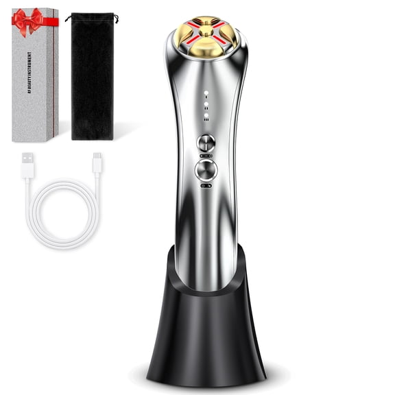 RF Facial Massager Device - EMS Face Lifting Tool, LED Red Blue Light Therapy, Ionic Skin Cleanser - Skincare for Women at Home or Travel - Silver