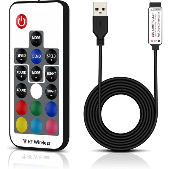 RF Wireless Remote LED Controller, 17 Keys Wireless Remote Control Dimmer Controller, Mini 4-Pin RF LED Controller for 5v 5050 3528 2835 RGB LED Strips Lights
