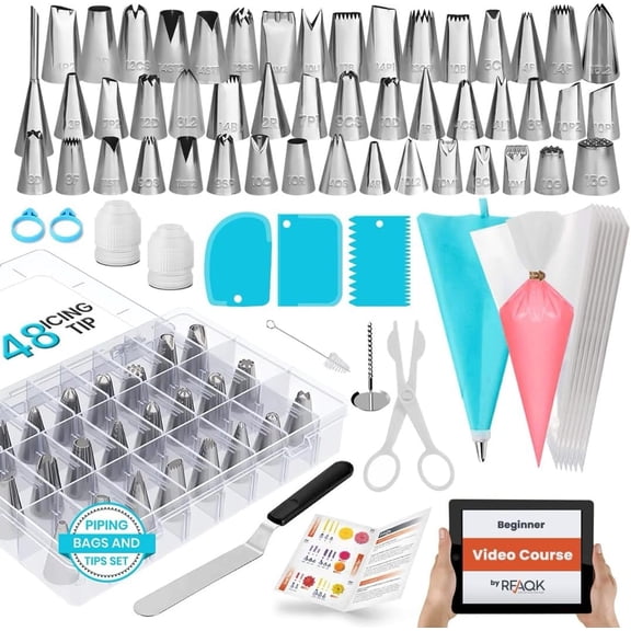 RFAQK 100PCs Icing Piping Bags and Tips Set, 12 Inch Pastry Bags with Piping Tips 48-Numbered+ Video Course + Booklet + E-book, Cake Decorating Kit for Cookie Cupcake Cake Decoration