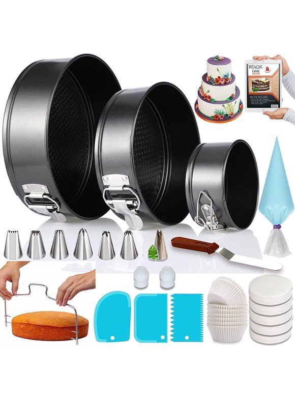 RFAQK 100pcs Cake Pans for Baking-3 Round Springform Pan Set (4, 7, 9 inches)- Non Stick Cheesecake Pan with Icing Tips, Cake Leveler- Multi-functional Leak-Proof Cake Supplies with eBook