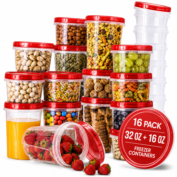 RFAQK 16 PCS Freezer Soup Containers with Lids-16 Plastic 16/32 OZ Deli Containers with Twist Top Lids-Food Storage Containers with Twist Top Lids-Reusable Plastic Box for Lunch, Gym, Travel