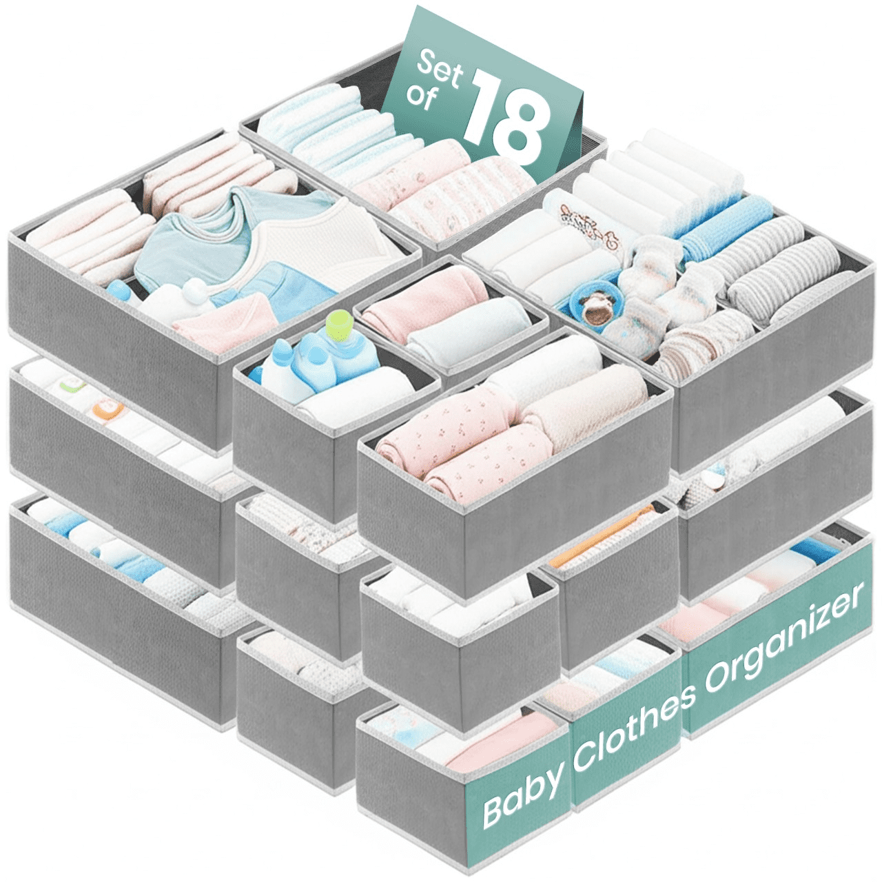 RFAQK 18 Pack Drawer Organizer Clothes-3 Sizes (L, M, S) Dresser Drawer Organizer-Baby Drawer Organizer for Nursery-Foldable Fabric Drawer Dividers for Underwear, Bedroom, Lingerie, Undies, Bra-Grey
