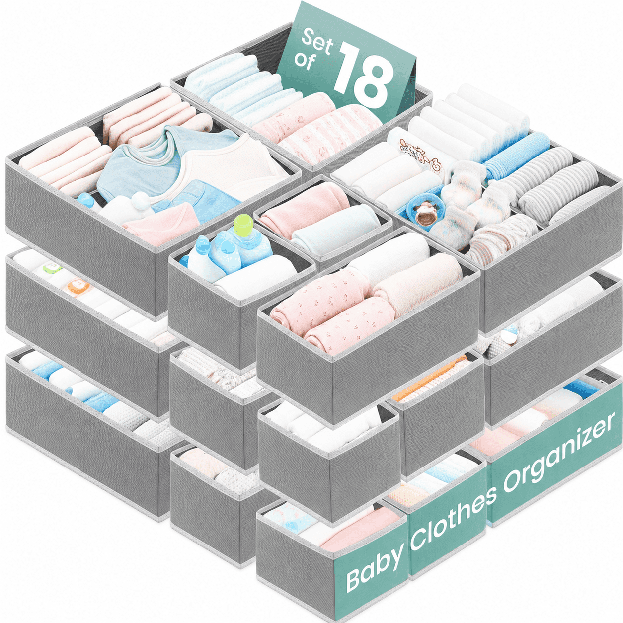 RFAQK 18 Pack Drawer Organizer Clothes-3 Sizes (L, M, S) Dresser Drawer Organizer-Baby Drawer Organizer for Nursery-Foldable Fabric Drawer Dividers for Underwear, Bedroom, Lingerie, Undies, Bra-Grey