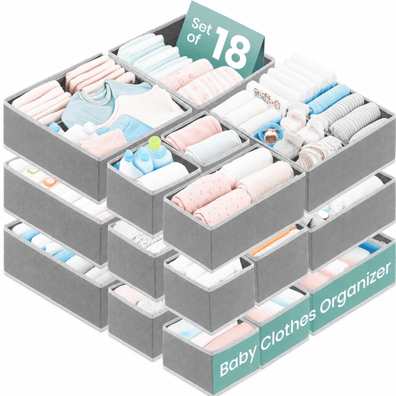 RFAQK 18 Pack Drawer Organizer Clothes-3 Sizes (L, M, S) Dresser Drawer Organizer-Baby Drawer Organizer for Nursery-Foldable Fabric Drawer Dividers for Underwear, Bedroom, Lingerie, Undies, Bra-Grey