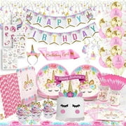 RFAQK 197 PCS Unicorn Party Supplies for Birthday Decorations Serves 16 Includes Happy Birthday Banner,Napkins,Cake Topper,Headband,Sash & Large Tablecloth for Creating Themed Party