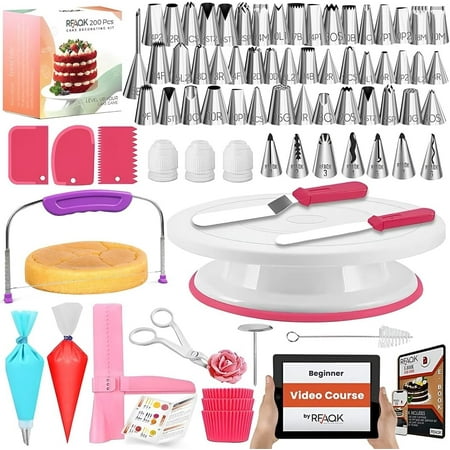 RFAQK 200PCs Cake Decorating Supplies Kit for Beginners with Turntable, Piping Tips, Spatulas, Leveler, and Baking Tools - Perfect Gift for Women