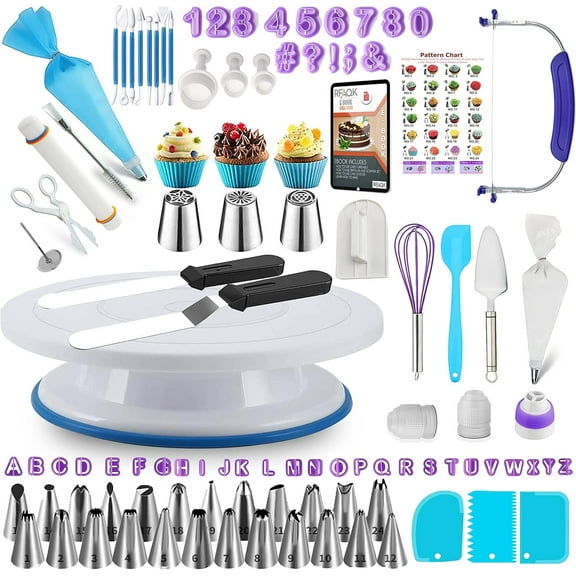 RFAQK 230PCs Cake Decorating Supplies Kit, Cake Decorating Set with Cake Turntable, Piping Bags and Tips, Modeling Tools, Cookie Plunger Cutters, Icing Smoother & Other Accessories