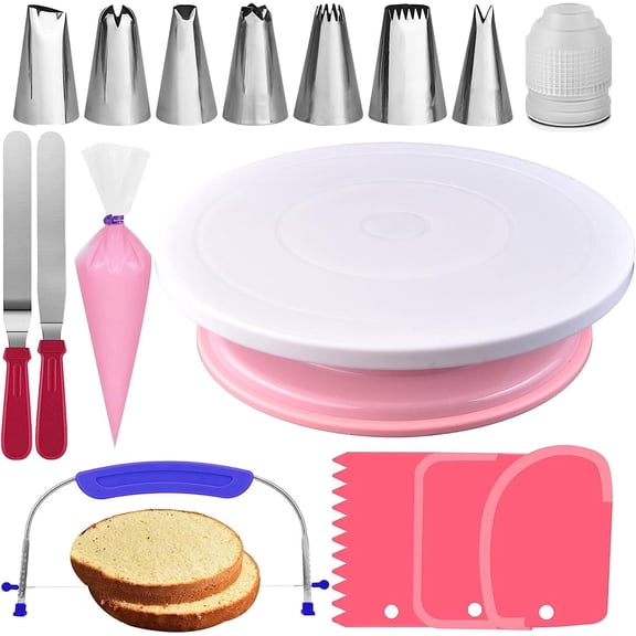 RFAQK 35PC Cake Decorating Kit for Beginners - Includes Rotating Cake Turntable with Non-Slip Pad, Leveler, 7 Icing Tips, 20 Bags, Straight, Offset Spatula & Smoothers- Baking Supplies Tools