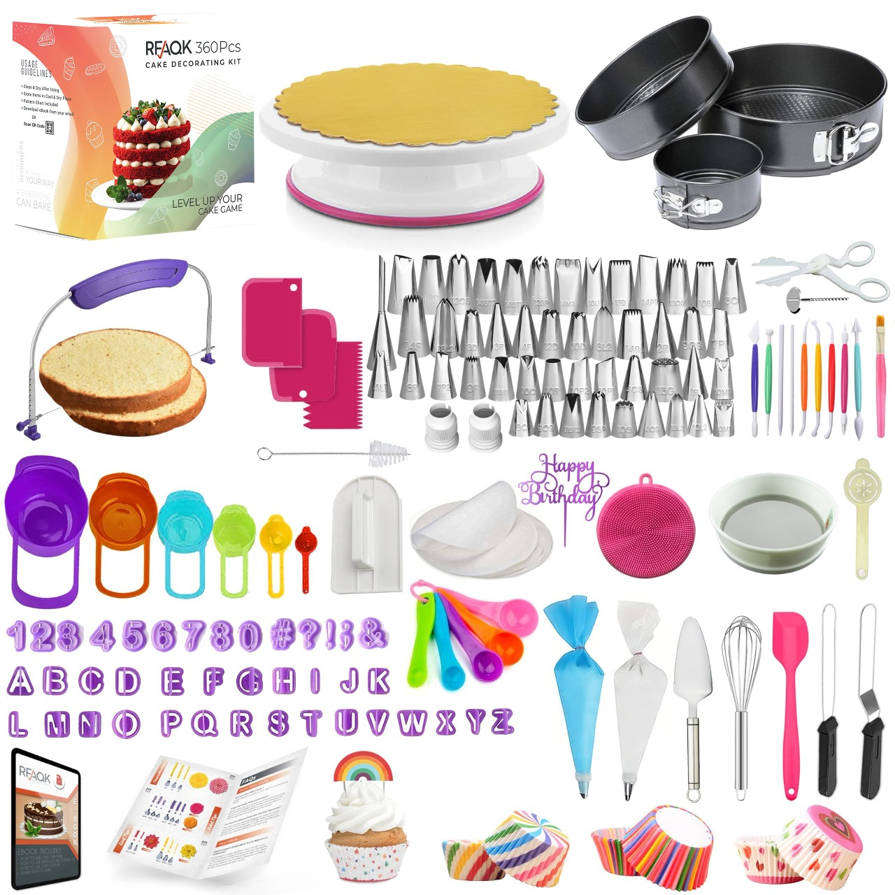 RFAQK 360pcs Cake Baking Set, 3 Springform Pans, Cake Turntable ...