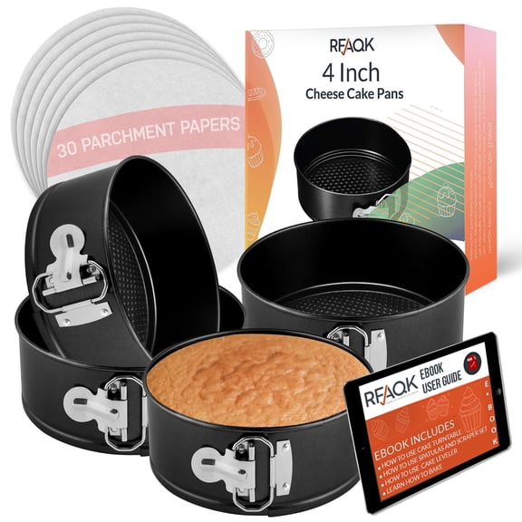 RFAQK 4-Inch Mini Cake Pans Set for Baking - Nonstick 4PCs Small Cheese Pans for Cheesecakes, Pizzas, Quiches, and More! Perfect for Baking Small, Smash, and Mini Treats