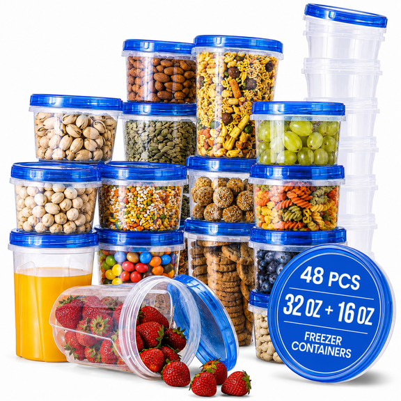 RFAQK 48 PCS Freezer Storage Containers with Twist Top Lids-(32OZ & 16OZ) 24 Plastic Deli Containers with 24 Screw Lids-Soup Freezer Containers with Lids-Meal Prep Reusable Box for Lunch and Gym