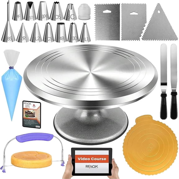 RFAQK 50PCs Cake Turntable Set -12" Aluminum Revolving Stand- Professional Cake Leveler / Decorating Supplies Kit with Straight & Offset Spatula-Numbered Icing Tips & Bags
