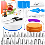 RFAQK 65 Pcs Cake decorating supplies with Cake Turntable-Cake leveler- 24 Numbered Icing Piping Tips with Pattern Chart and EBook- Straight & Angled Spatula-30 Icings Bags- 3 Icing Comb Scraper set