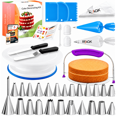 RFAQK 65 Pcs Cake decorating supplies with Cake Turntable-Cake leveler- 24 Numbered Icing Piping Tips with Pattern Chart and EBook- Straight & Angled Spatula-30 Icings Bags- 3 Icing Comb Scraper set