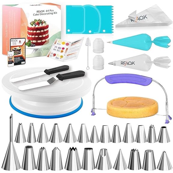 RFAQK 65 Pcs Cake decorating supplies with Cake Turntable-Cake leveler- 24 Numbered Icing Piping Tips with Pattern Chart and EBook- Straight & Angled Spatula-30 Icings Bags- 3 Icing Comb Scraper set