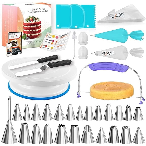 RFAQK 65 Pcs Cake decorating supplies with Cake Turntable-Cake leveler- 24 Numbered Icing Piping Tips with Pattern Chart and EBook- Straight & Angled Spatula-30 Icings Bags- 3 Icing Comb Scraper set