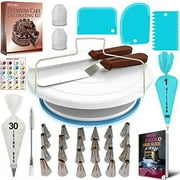 RFAQK 64 Pcs Cake decorating supplies with Cake Turntable-Cake leveler- 24 Numbered Icing Piping Tips with Pattern Chart and EBook- Straight & Angled Spatula-30 Icings Bags- 3 Icing Comb Scraper set