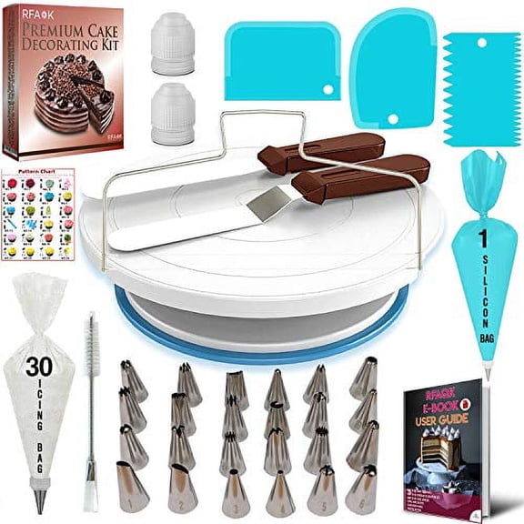 RFAQK 65 Pcs Cake decorating supplies with Cake Turntable-Cake leveler- 24 Numbered Icing Piping Tips with Pattern Chart and EBook- Straight & Angled Spatula-30 Icings Bags- 3 Icing Comb Scraper set