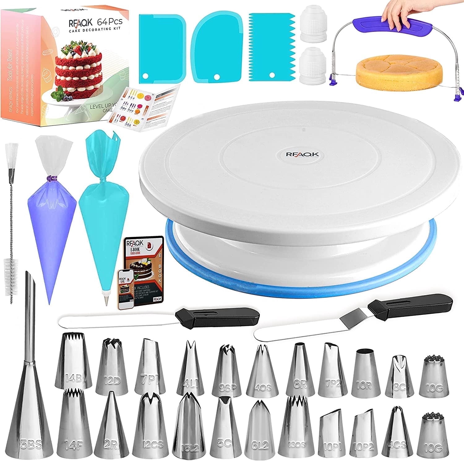 RFAQK 65 Pcs Cake decorating supplies with Cake Turntable-Cake leveler- 24 Numbered Icing Piping Tips with Pattern Chart and EBook- Straight & Angled Spatula-30 Icings Bags- 3 Icing Comb Scraper set