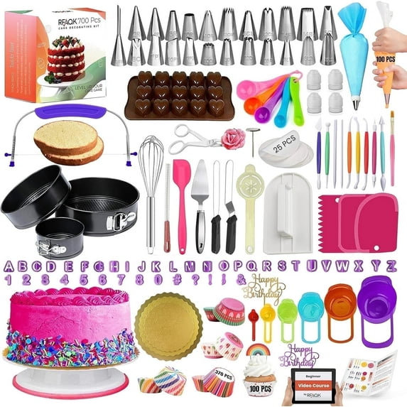 RFAQK 700 PCS Cake Decorating Kit for Baking-Cake Decorating Supplies with Springform Pans,Cake Leveler,Cake Turntable, Piping Bags with Numbered Tips,Icing Spatulas, Fondant Tools and More