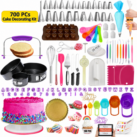 RFAQK 700 PCS Cake Decorating Kit for Baking-Cake Decorating Supplies with Springform Pans,Cake Leveler,Cake Turntable, Piping Bags with Numbered Tips,Icing Spatulas, Fondant Tools and More