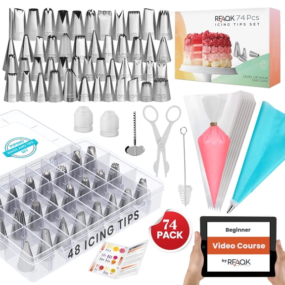 RFAQK 74 PCs Icing Piping Bags and Tips Set, Cake Decorating Kit with 48-Numbered Piping Tips, 20+1 Pastry Bags for Cookie Cupcake Cake Decoration, Cake Decorating Tips Set with Booklet and E-book