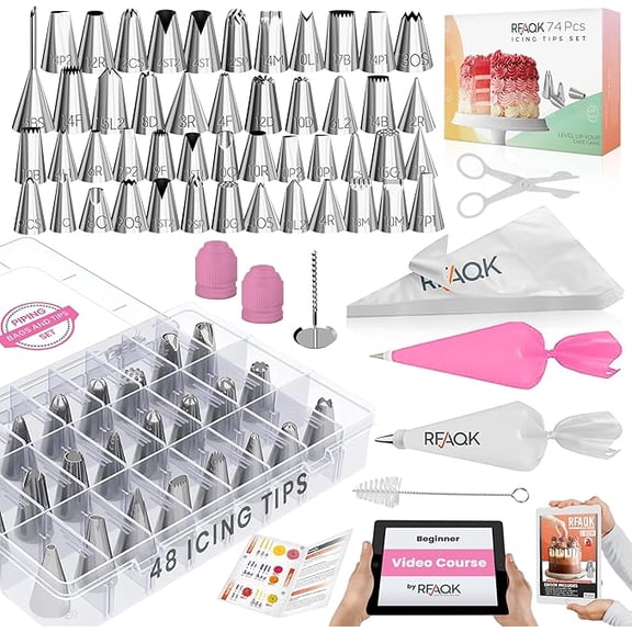 RFAQK 74 PCs Icing Piping Bags and Tips Set, Cake Decorating Kit with 48-Numbered Piping Tips, 20+1 Pastry Bags for Cookie Cupcake Cake Decoration, Cake Decorating Tips Set with Booklet and E-book