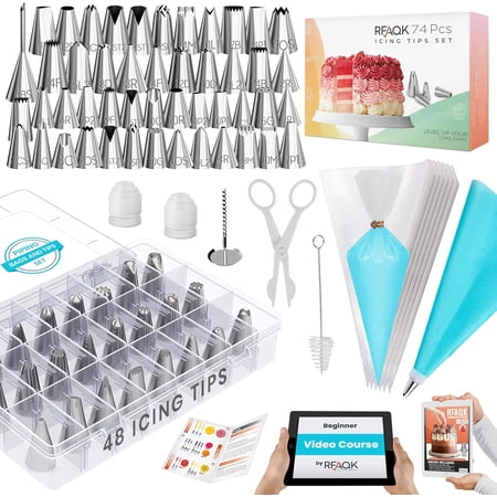RFAQK 74 PCs Icing Piping Bags and Tips Set, Cake Decorating Kit with 48-Numbered Piping Tips, 20+1 Pastry Bags for Cookie Cupcake Cake Decoration, Cake Decorating Tips Set with Booklet and E-book