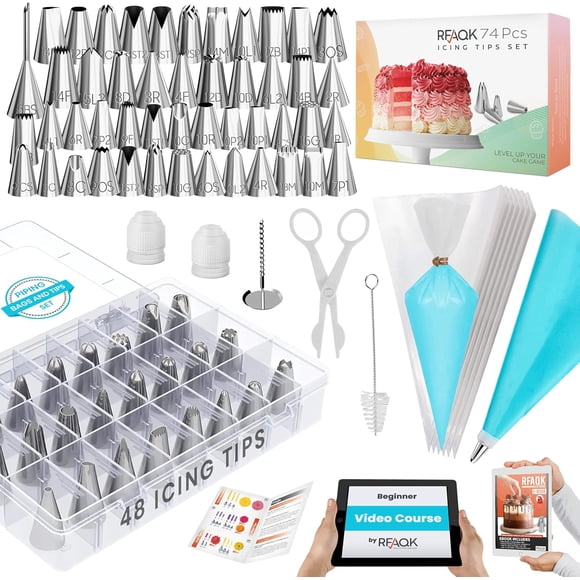 RFAQK 74 PCs Icing Piping Bags and Tips Set, Cake Decorating Kit with 48-Numbered Piping Tips, 20+1 Pastry Bags for Cookie Cupcake Cake Decoration, Cake Decorating Tips Set with Booklet and E-book