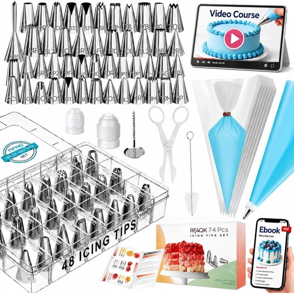 RFAQK 74 PCs Icing Piping Bags and Tips Set, Cake Decorating Kit with 48-Numbered Piping Tips, 20+1 Pastry Bags for Cookie Cupcake Cake Decoration, Cake Decorating Tips Set with Booklet and E-book