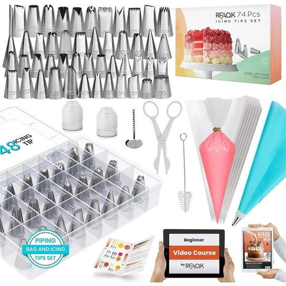 RFAQK 74 PCs Icing Piping Bags and Tips Set, Cake Decorating Kit with 48-Numbered Piping Tips, 20+1 Pastry Bags for Cookie Cupcake Cake Decoration, Cake Decorating Tips Set with Booklet and E-book