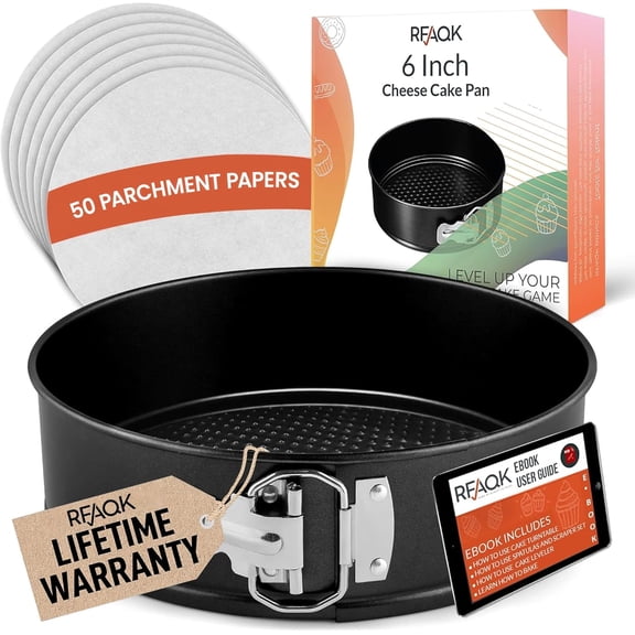 RFAQK Non-Stick 6 Inch Cake Pan with Removable Bottom - Leakproof Springform Pan with 50Pcs Parchment Papers - Perfect for Cakes, Cheesecakes, and Compatible with 3 Qt Instant Pot - Bonus E-Book