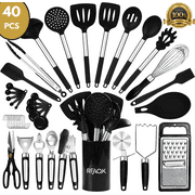 RFAQK Silicone Kitchen Cooking Utensil Set With Holder, 40PCs Heat Resistant Set for Nonstick Cookware, Kitchen Gadgets includes Can Opener, Potato Masher & Peeler, Tongs,spatulas,Pizza cutter & More
