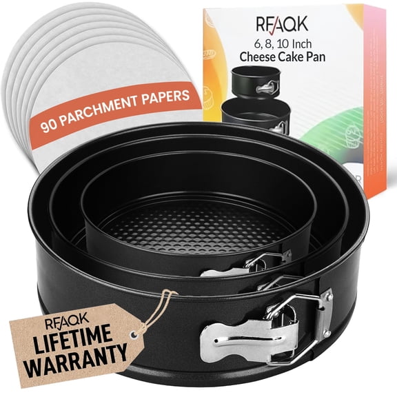 RFAQK Springform Pan Set of 3 - Non-Stick Leakproof Round Cake Pans (6", 8", 10") with 90 Pcs Parchment Paper Liners and Bonus Ebook - Perfect for Cheesecakes, Baking, and More!"