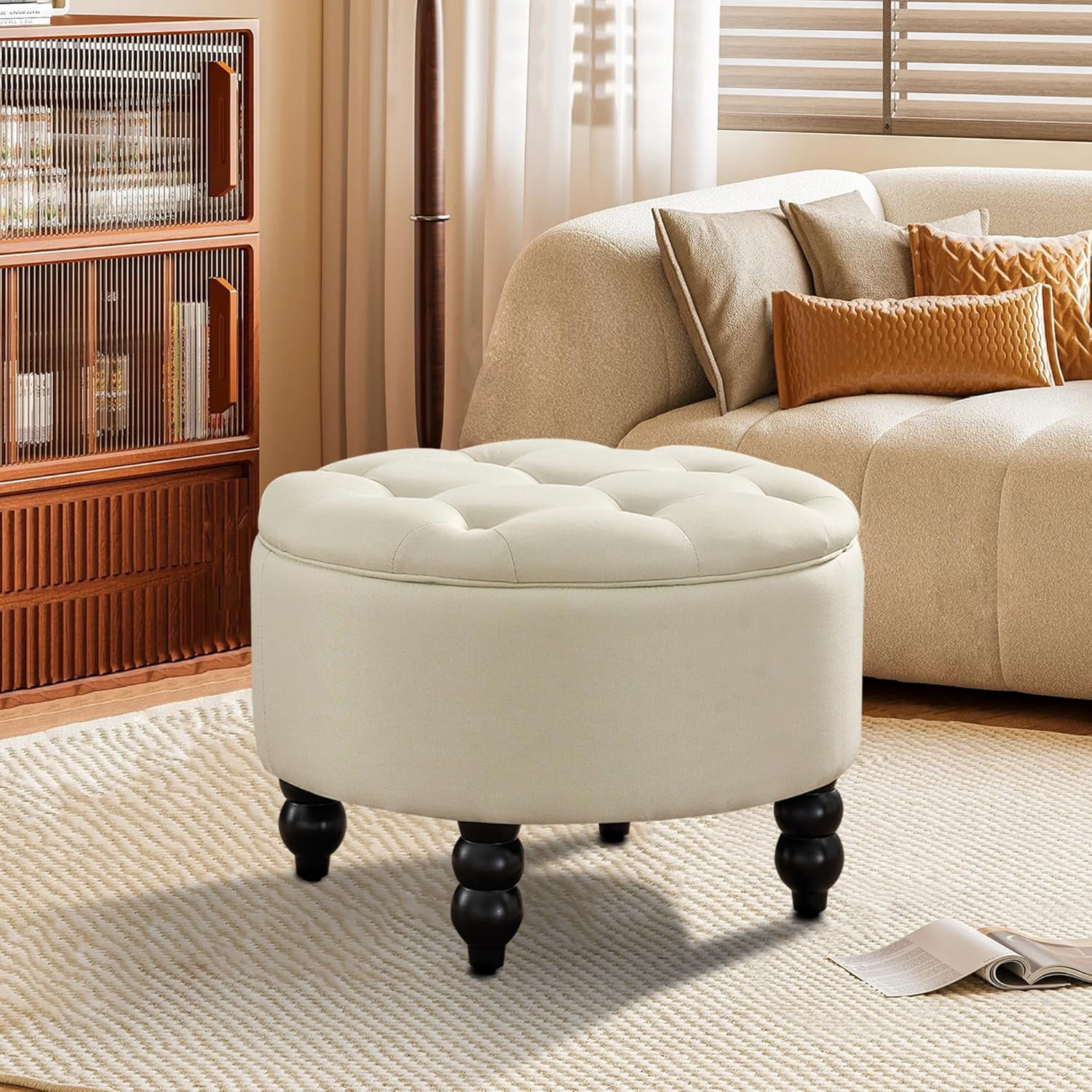 RFCUIBIJ 24 Inch PU Leather Round Ottoman with Storage Upholstered ...