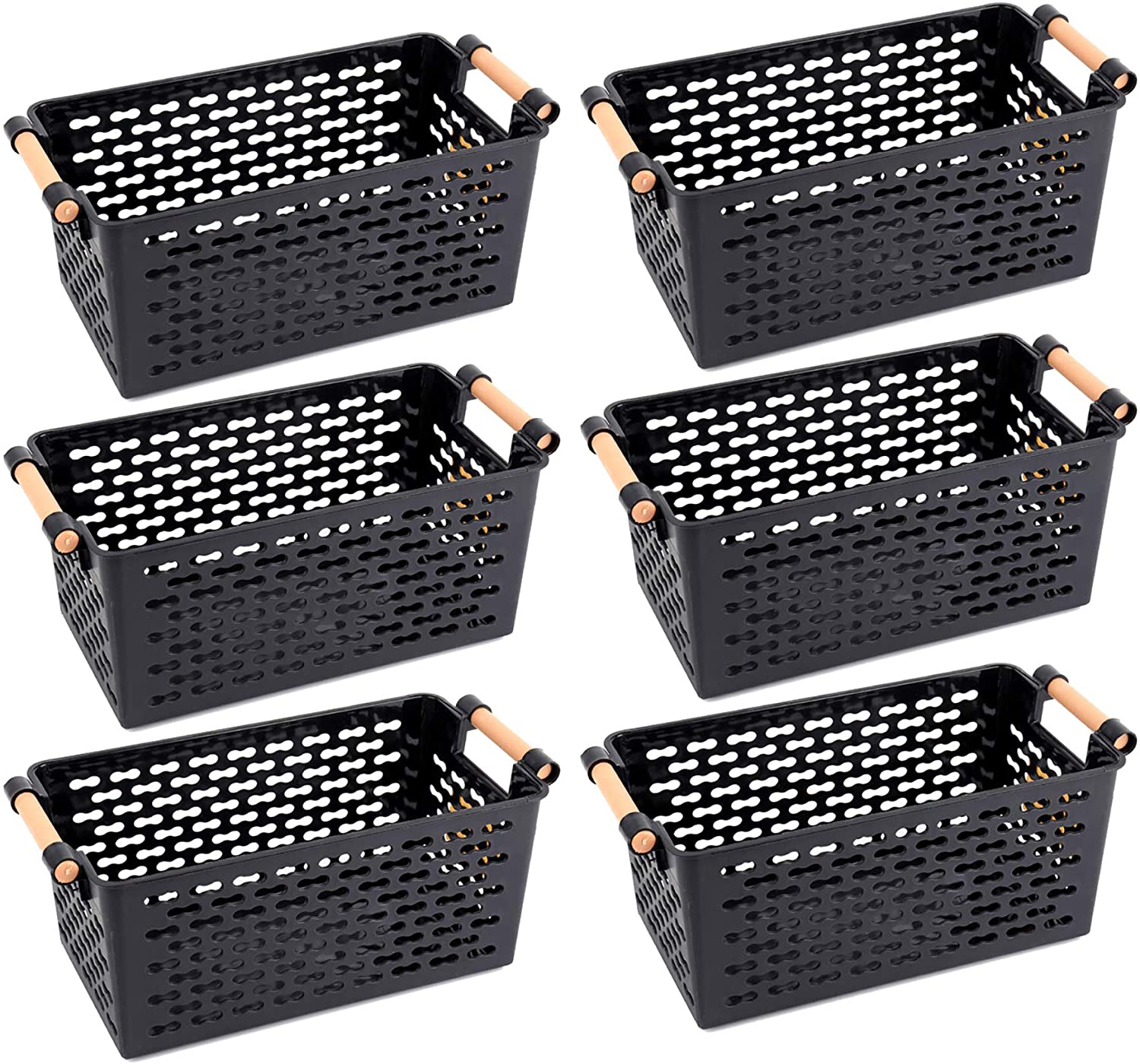 6 Pack Plastic Storage Basket, Black Basket Organizer Bin with Handles for Home Office Closet, 6 x 12 x 5 Inches